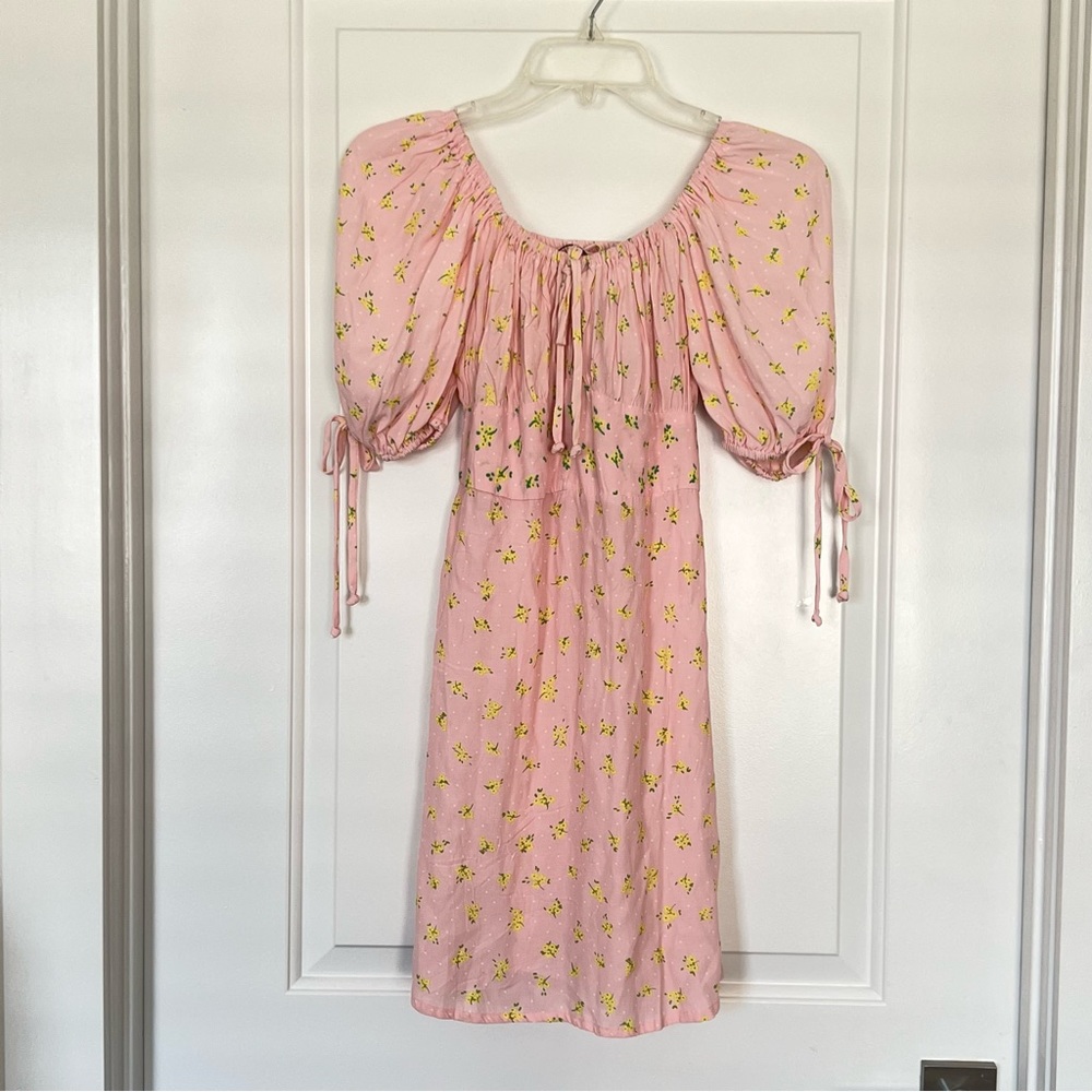 Faithfull the Brand Thea Floral Polka Dot Puff Sleeve Mini Dress Pink NWT